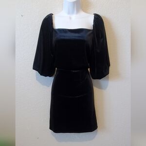 Lucy Paris Velvet Black  Dress With Puff Bishop Sleeves Square Neck Size Medium